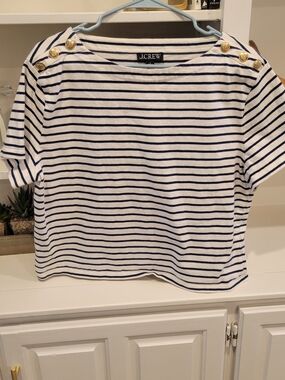 J. Crew Navy & White Striped Button-Shoulder Tee